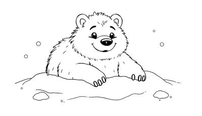 Dessin au trait noir et blanc d'un ours polaire souriant assis sur de la neige avec des flocons.