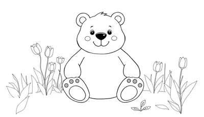 Un ours en peluche souriant assis dans un champ de tulipes, prêt à être colorié.
