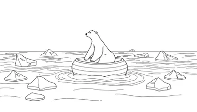 Un ours polaire assis sur une petite banquise entouré d'eau et de morceaux de glace, avec un color panel de teintes bleues et blanches.