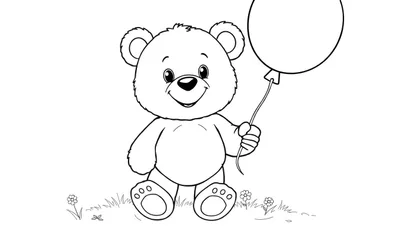 Un ourson en peluche souriant tenant un ballon coloré, prêt à être colorié. C'est un dessin au trait noir et blanc parfait pour un color panel.