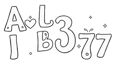Une page de coloriage avec des lettres A, L, B, I et les chiffres 3, 77, avec un cœur et des étoiles, dans un style de contour pour le coloriage.