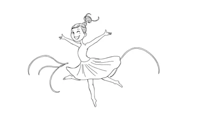 Une jeune danseuse joyeuse en plein saut, entourée de rubans flottants, sur une page de coloriage en noir et blanc.