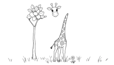 Dessin au trait en noir et blanc d'une girafe avec un long cou et des taches, un arbre mince et une fleur, idéal pour un panneau de coloriage.