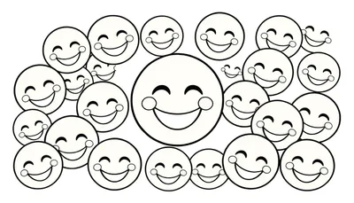 Une page de coloriage en noir et blanc avec un joyeux groupe d'emojis et de visages souriants, un panneau de coloriage prêt pour les enfants.
