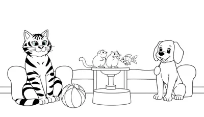 Illustration en noir et blanc d'un chat, d'un chien et de deux petites créatures ressemblant à des souris, dans un style livre de coloriage.