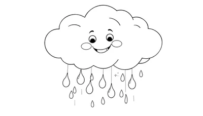 Nuage souriant dessinant des gouttes de pluie sur un panneau de coloriage.