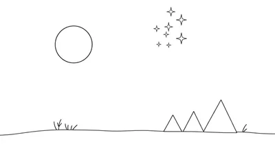Un dessin au trait minimaliste d'un paysage nocturne avec une lune, des étoiles et des montagnes, parfait pour une page de coloriage avec un color panel.
