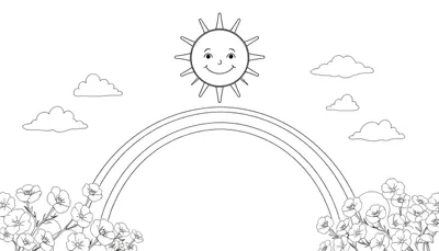 Un paysage coloré avec un soleil souriant, un arc-en-ciel et des nuages.