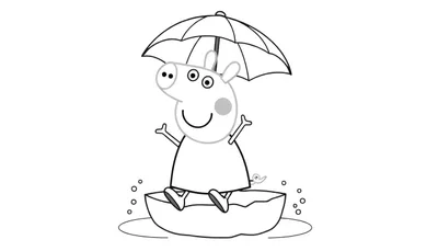 Peppa Pig dans un color panel sautant dans une flaque sous un parapluie.