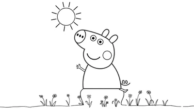 Peppa Pig souriante debout dans un champ ensoleillé avec des fleurs, dessin au trait.