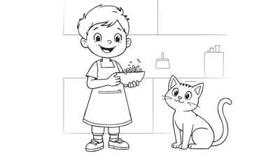 Un enfant souriant portant un tablier et tenant un bol, avec un chat à côté de lui dans une cuisine. Page à colorier.
