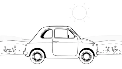 Dessin au trait d'une petite voiture de style Fiat 500 dans un paysage de campagne avec un soleil esquissé, attendant d'être coloriée sur un color panel.