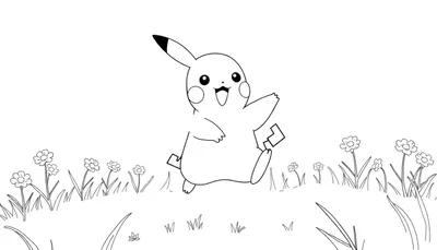 Dessin au trait de Pikachu courant dans un champ de fleurs coloré, style coloriage.
