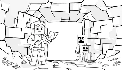 Planche couleur montrant Steve de Minecraft tenant une pioche dans une mine avec un Creeper en arrière-plan.