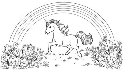 Une licorne magique court dans un champ de fleurs colorées sous un arc-en-ciel joyeux, une représentation en couleur de la plaque.