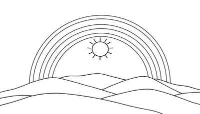 Une plaque de couleur représentant un dessin au trait noir et blanc d'un paysage ensoleillé avec un arc-en-ciel.