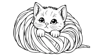 Une plaque de coloriage de chaton jouant avec une pelote de laine, avec de grands yeux et des lignes simples.