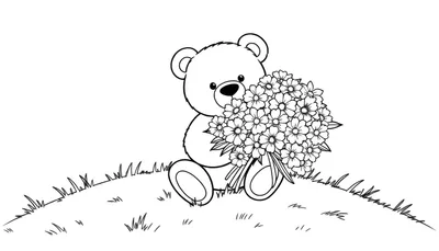 Dessin en couleur d'un adorable ours en peluche tenant un bouquet de fleurs.