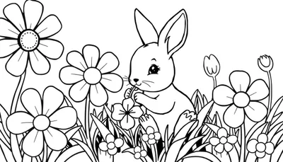 Une jolie plaque à colorier avec un bébé lapin dans un champ de fleurs.