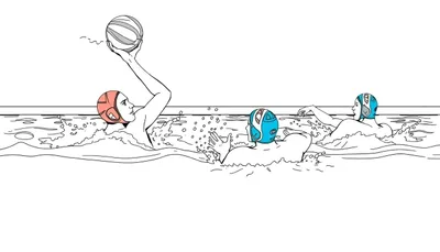 Trois joueurs de water-polo dans l'eau, l'un tenant un ballon rouge et les autres se rapprochant.