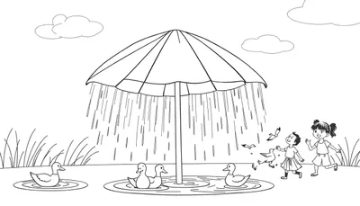 Dessin au trait d'un grand parapluie noir avec de la pluie tombant sur trois canards, et deux enfants jouant avec des oiseaux sous un ciel nuageux.
