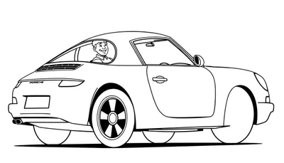 Dessin au trait d'une Porsche 911 décapotable rouge avec un pilote souriant, parfait pour un color panel.