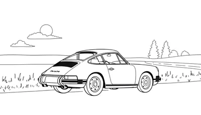 Dessin au trait d'une Porsche classique sur une route de campagne, prête à être coloriée.