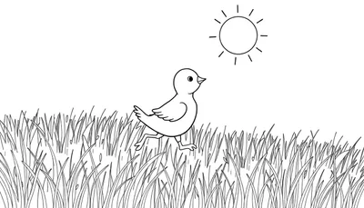 Un petit poussin noir et blanc court joyeusement dans une prairie dessinée avec de l'herbe verte et un soleil rayonnant.