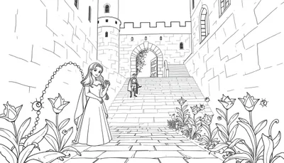Un dessin au trait d'une scène médiévale avec une princesse et un chevalier devant un château, parfait pour un color panel.