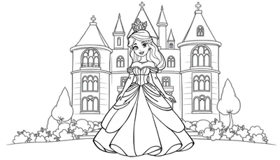 Princesse de conte de fées souriante devant un château, dessinée pour une coloriage.