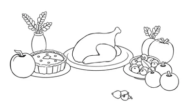 Dessin au trait d'un repas de Thanksgiving avec une dinde, une part de tarte, des fruits et des gourdes, prêt à être colorié.