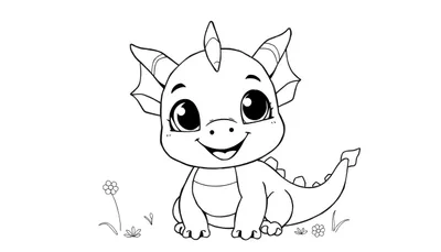 Bébé dragon joyeux assis dans l'herbe avec une fleur.