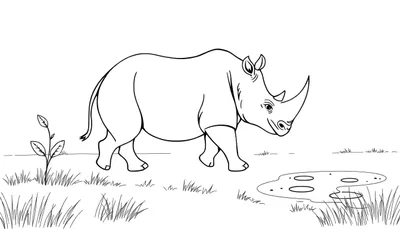 Un dessin au trait d'un rhinocéros dans une savane, avec de l'herbe et une mare.
