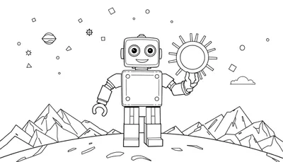 Dessin d'un robot de style jouet tenant un soleil, avec des montagnes et des formes géométriques dans le ciel, comme un panneau de coloriage.