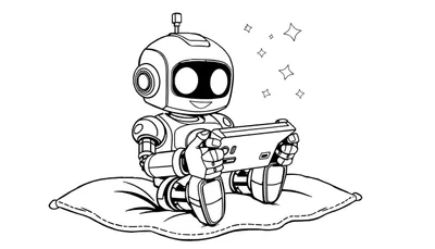 Un petit robot noir et blanc avec de grands yeux souriant, assis sur un oreiller et tenant une tablette.