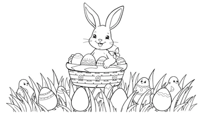 Dessin au trait noir et blanc d'un lapin assis avec un panier d'œufs de Pâques, entouré d'herbe et de poussins.