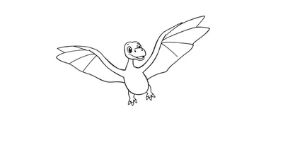 Color panel drawing of a smiling cartoon Pterodactyl with wings spread, facing forward.