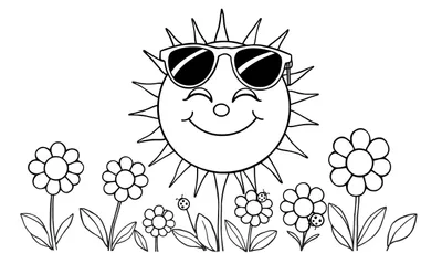 Un dessin au trait noir et blanc d'un soleil souriant avec des lunettes de soleil, entouré de fleurs, faisant partie d'un panneau de coloriage.