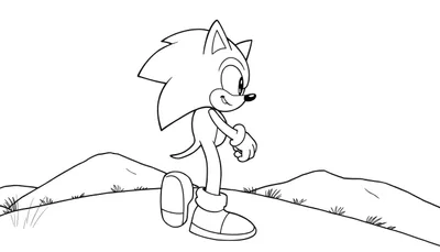 Dessin au trait de Sonic le Hérisson sur un paysage vallonné, prêt à être colorié.