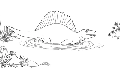 Un dinosaure Spinosaurus nageant dans une rivière, dans un style dessin noir et blanc pour coloriage.