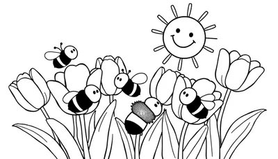 A cheerful black and white line drawing of a spring scene, perfect for a color panel.