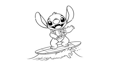 Dessin en noir et blanc de Stitch sur une planche de surf, une colour plate joyeuse.