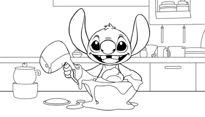 Stitch renversant un bol de pâte dans une cuisine color panel.