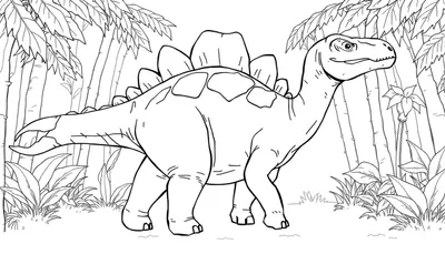 Dessin au trait d'un stégosaure dans un environnement tropical, prêt à être coloré.