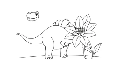 Un stégosaure dessiné au trait noir et blanc avec une fleur à côté, idéal pour un color panel.