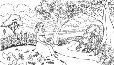 Dessin au trait d'une princesse assise dans un jardin fleuri près d'un lac, avec des montagnes en arrière-plan.