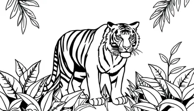Un dessin au trait de tigre dans une jungle luxuriante, prêt à être colorisé sur un color panel.