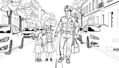Un policier aide deux enfants à traverser la rue sur un passage clouté, style dessin au trait en noir et blanc.