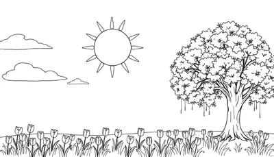 Un dessin au trait d'un champ de tulipes sous un ciel nuageux avec un soleil et un arbre.