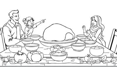 Dessin au trait noir et blanc d'une famille autour d'une table pour le dîner, avec des décorations de l'Action de grâce.